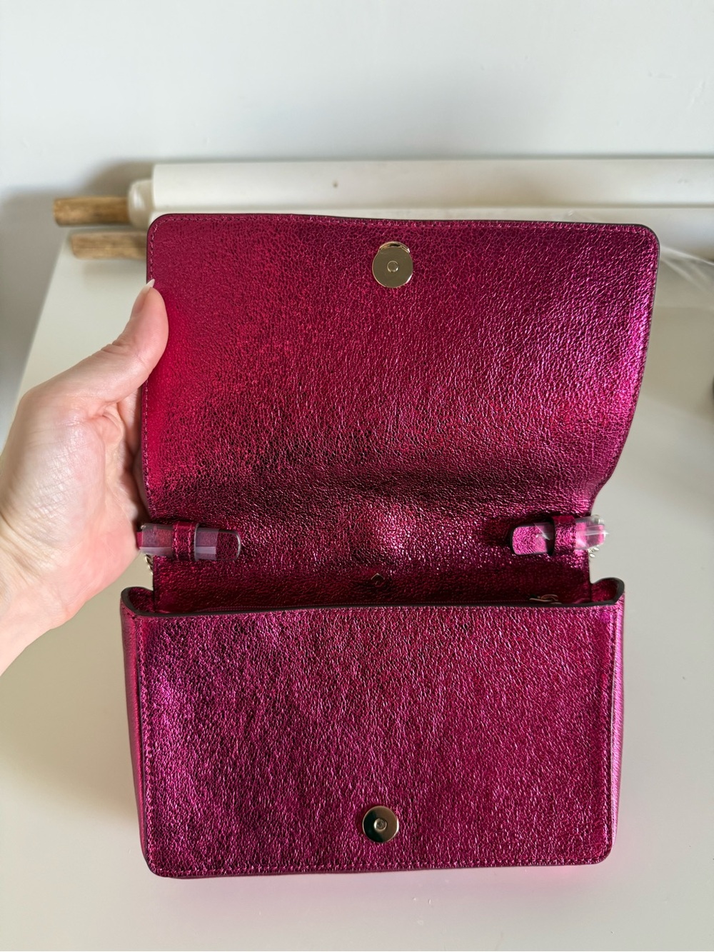 kate spade Fuchsia Metallic Leather Crossbody with Silver Chain - Picture 3 of 3